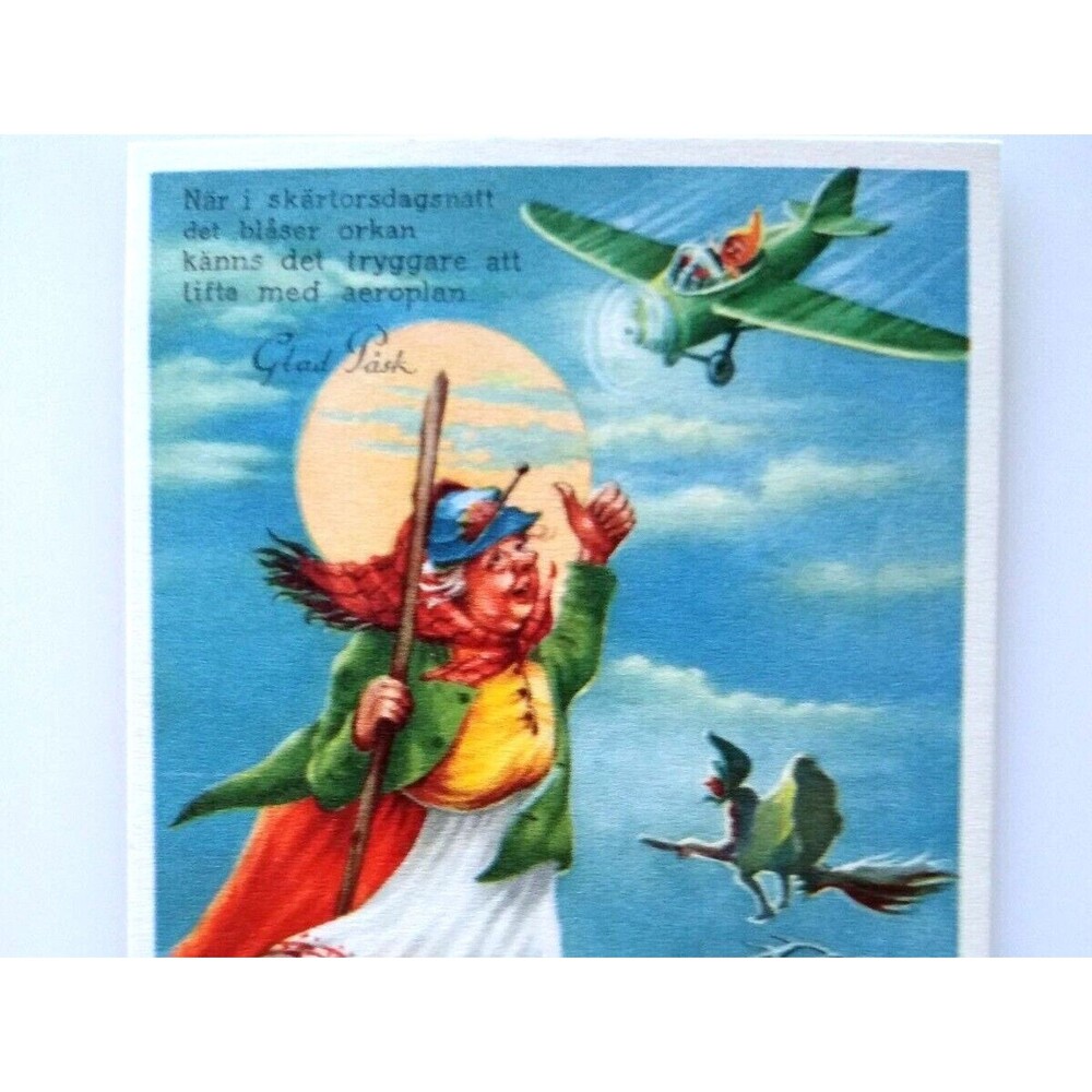 Easter Witch Postcard Fantasy Glad Pask Riding Broom Airplane Full Moon Sweden